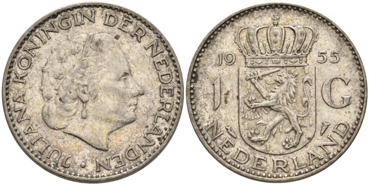 Нидерланды 1 гульден 1955 Юлиана (1948-1980) KM 184 серебро 4126-1143