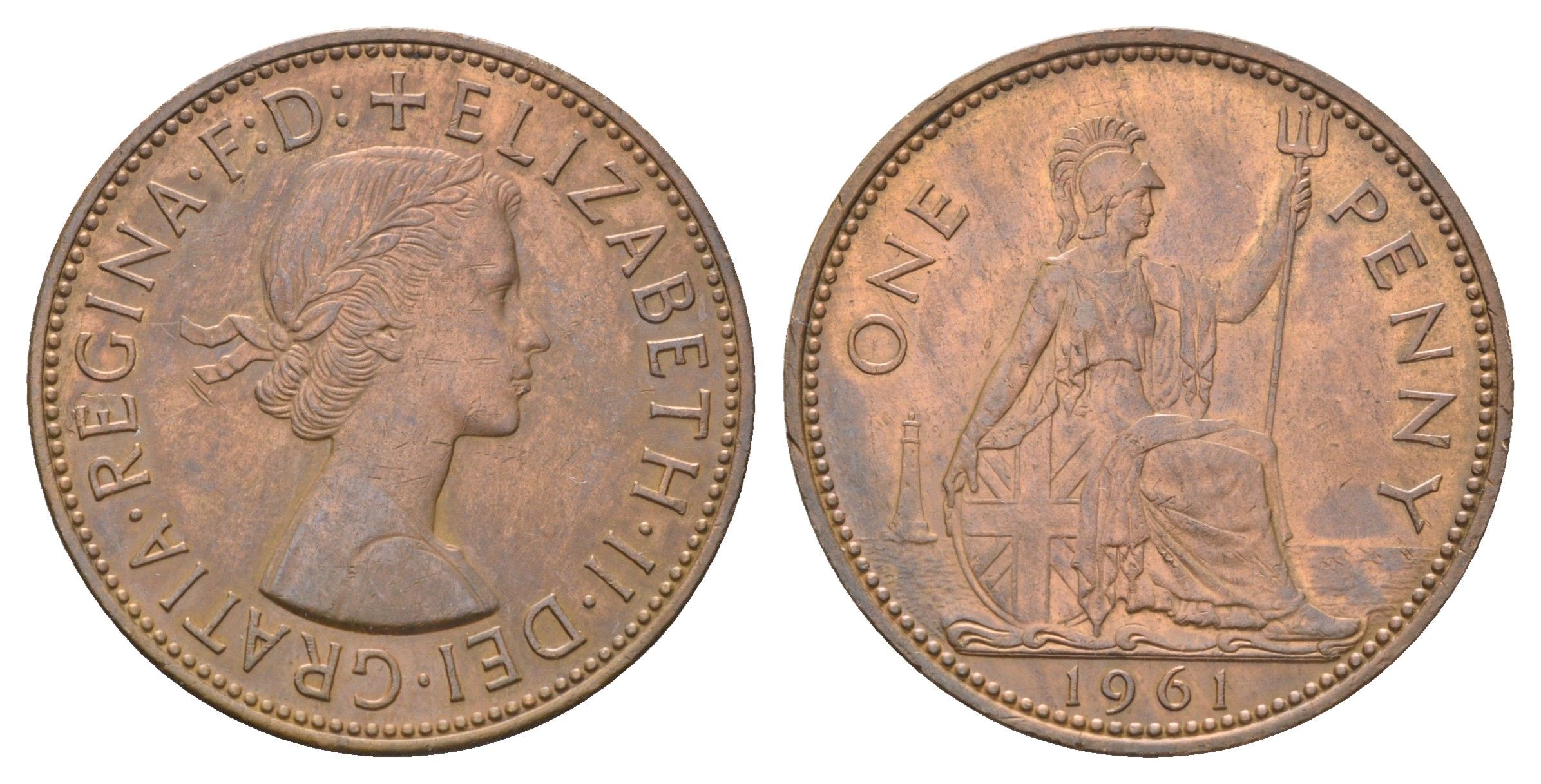 Великобритания 1 пенни 1961 Елизавета II (1952-2022) KM 897, Spink 4157 бронза 4526-214