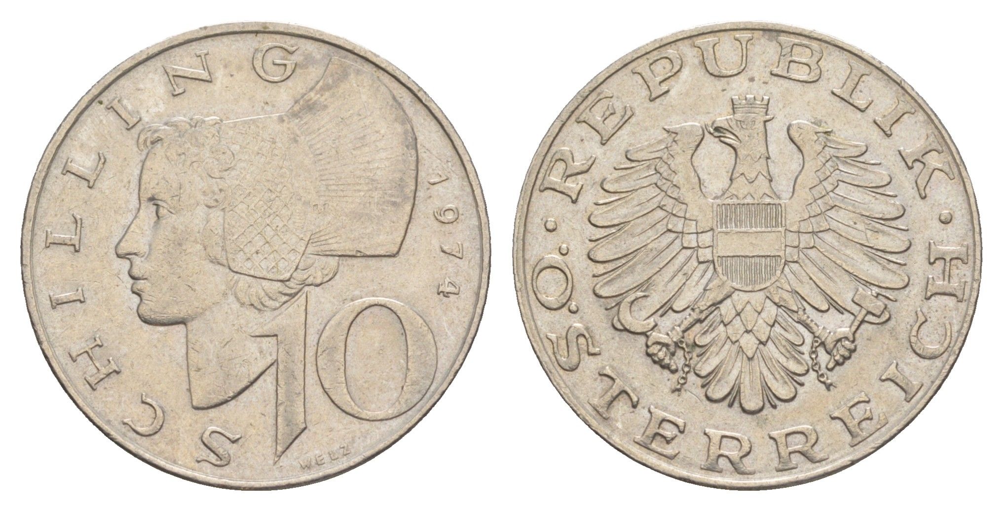 Австрия 10 шиллингов 1974 KM 2918 медно-никель 4551-532