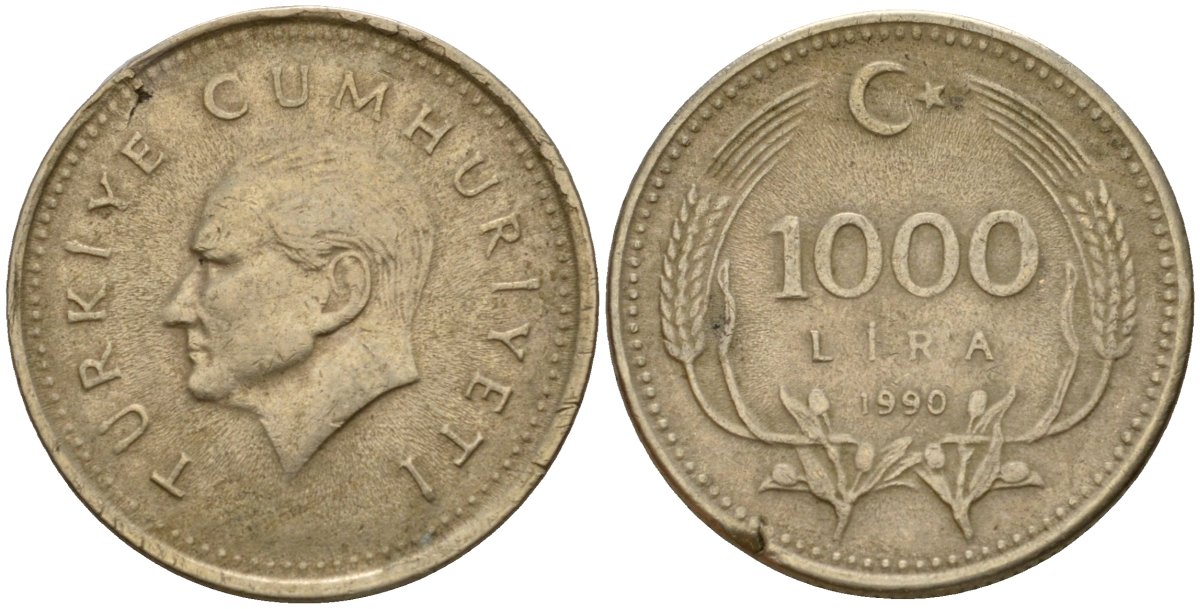 Турция 1000 лир 1990 Кемаль Ататюрк KM 997 медь цинк никель 4601-655