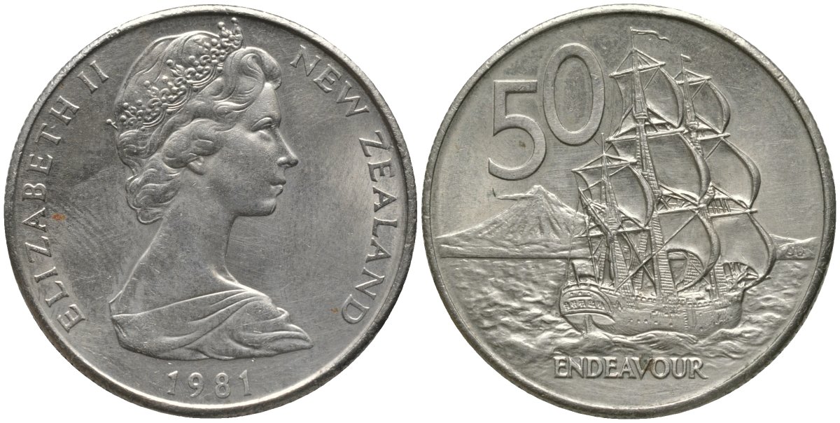 Новая Зеландия 50 центов 1981 Елизавета II (1952-2022), парусник Индевор KM 37 медно-никель 4578-113