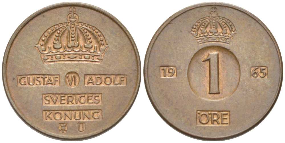 Швеция 1 эре 1965 U, Густав VI Адольф (1950-1973) KM 820 бронза 4516-426