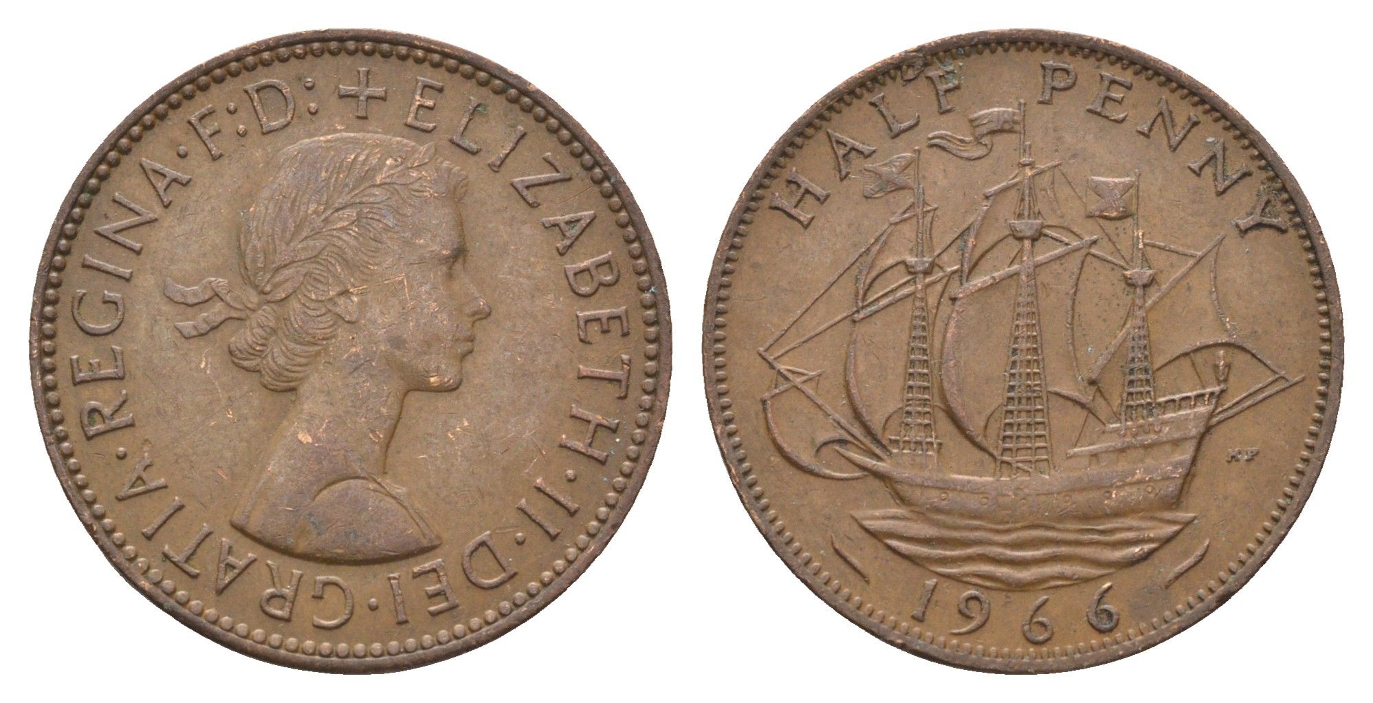 Великобритания 1/2 пенни 1966 Елизавета II (1952-2022) KM 896, Spink 4158 бронза 4663-111