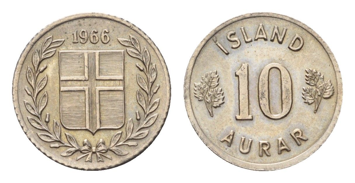 Исландия 10 эйре 1966 KM 10 медно-никель UNC 4696-265