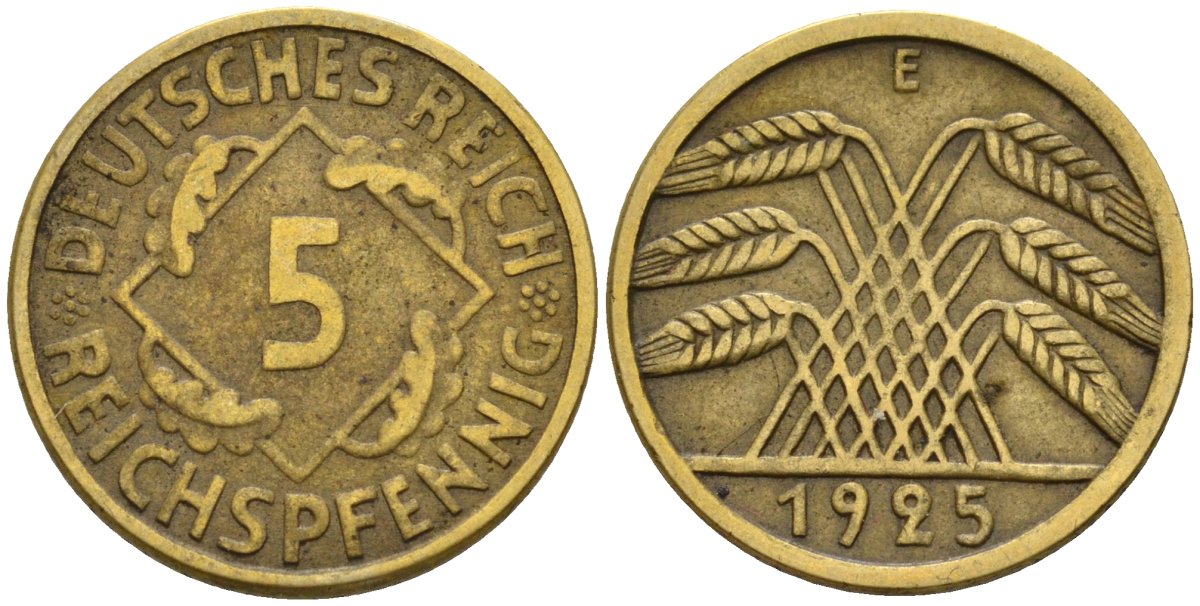 Германия 5 рейхспфеннигов 1925 E KM 39, J. 316 алюминиевая бронза 4151-723