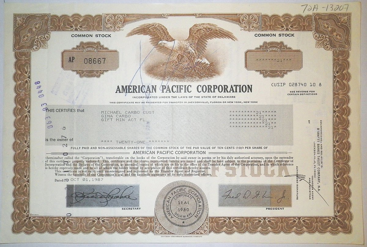 США, AMERICAN PACIFIC CORPORATION 21 акция 1987 бумага 00-00