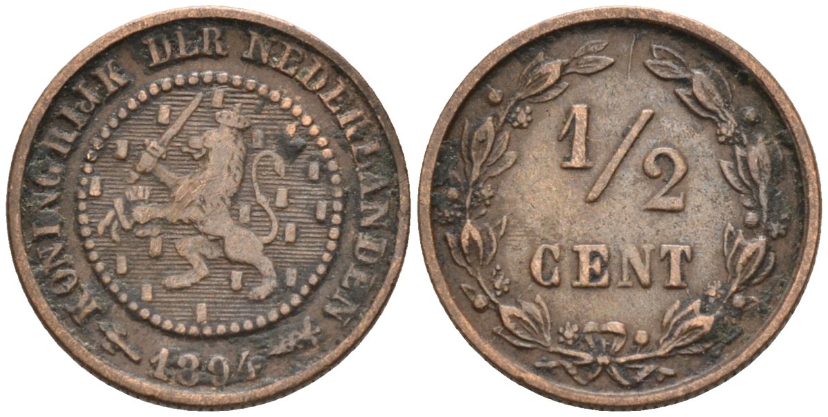 Нидерланды 1/2 цента 1894 Вильгельмина (1890-1948) KM 109 бронза 4576-325