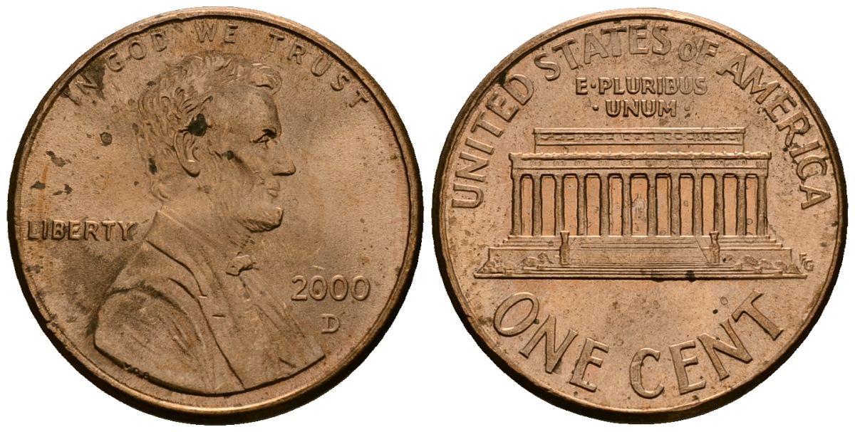 США 1 цент 2000 D, Линкольн KM 201b цинк плакированный медью 4136-364