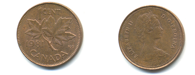 Канада 1 цент 1981 Елизавета II (1952-2022), кленовый лист KM 127 бронза 177-1361