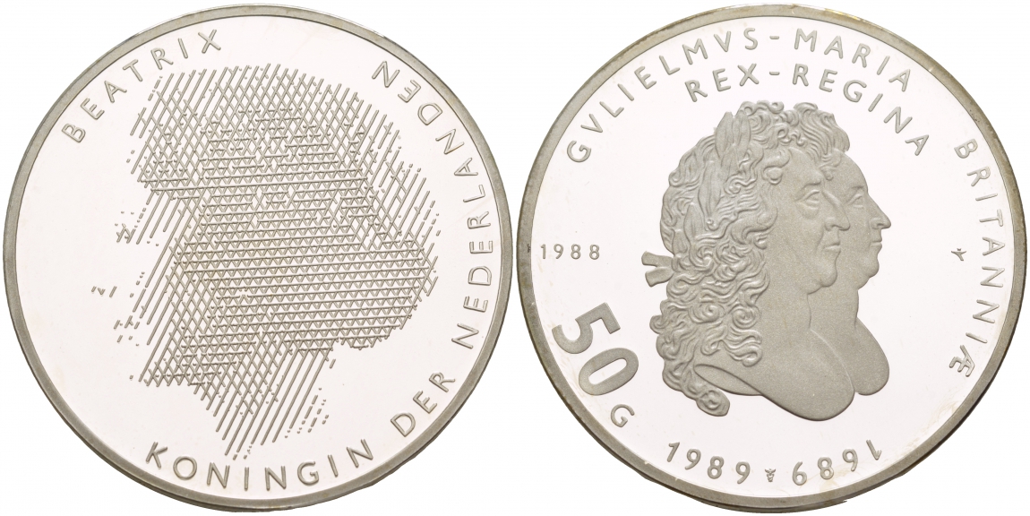 Нидерланды 50 гульденов 1988 300 лет с момента правления Вильяма и Мэри (1689-1989), Королева Беатрикс KM 212 серебро PROOF 00-00