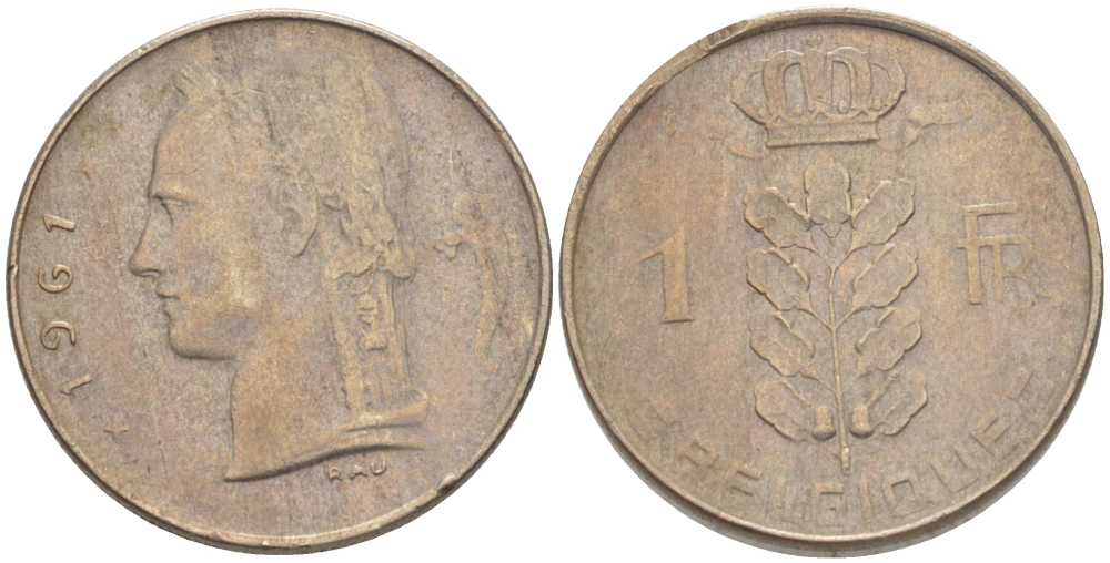 БЕЛЬГИЯ 1 ФРАНК 1961 BELGIQUE, БОДУЭН I (1951-1993) KM 142.1 медно-никель 202-1015