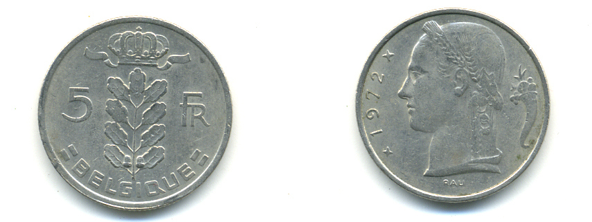 Бельгия 5 франков 1975 Belgie, Бодуэн I (1951-1993) KM 135.1 медно-никель 176-912