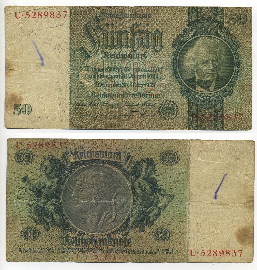 ГЕРМАНИЯ 50 РЕЙХСМАРОК 1933 Pick 182а бумага 7217-40-3