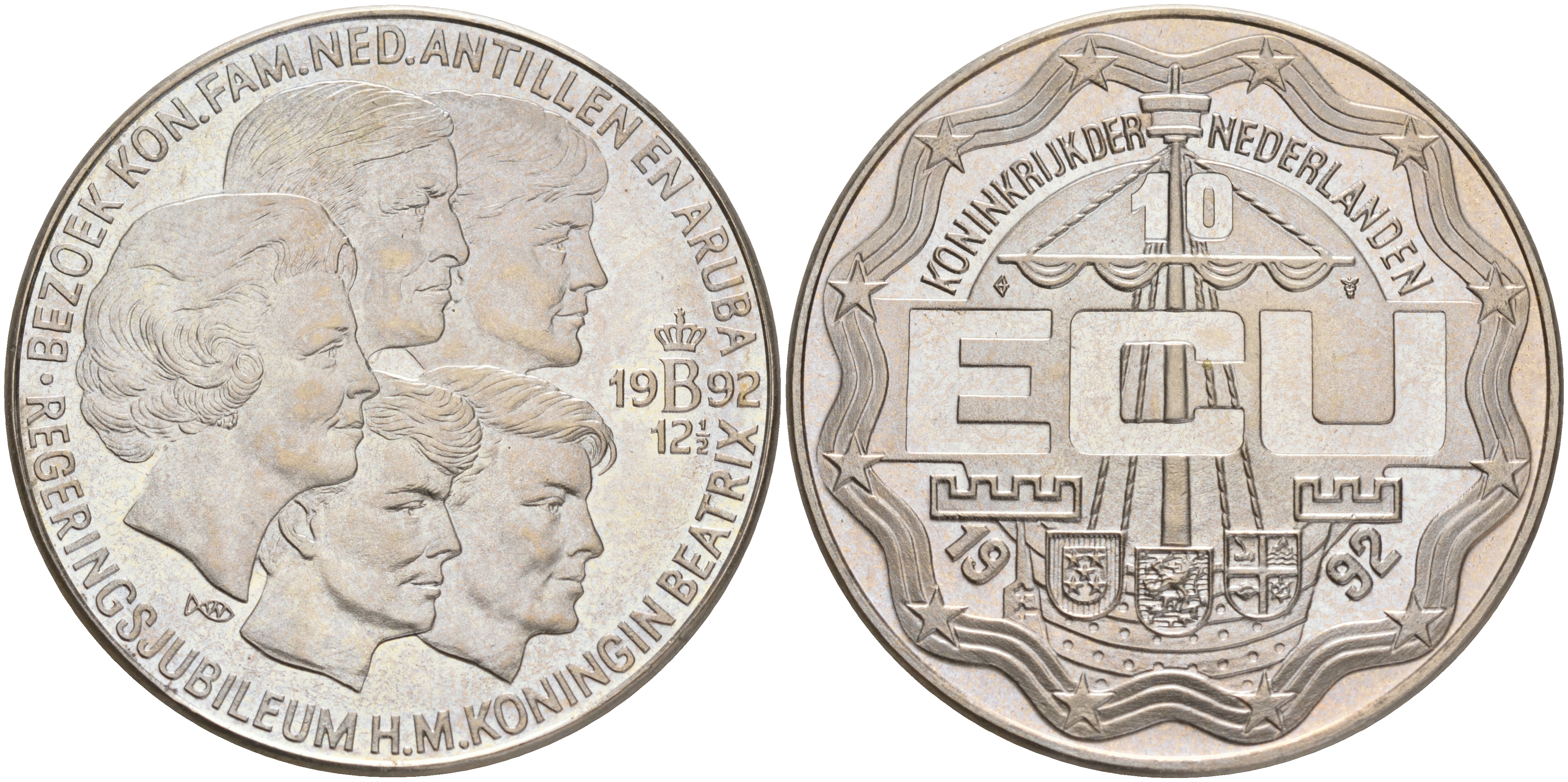 Нидерланды 10 экю 1992 КОРОЛЕВСКАЯ СЕМЬЯ медно-никель UNC 4552-832