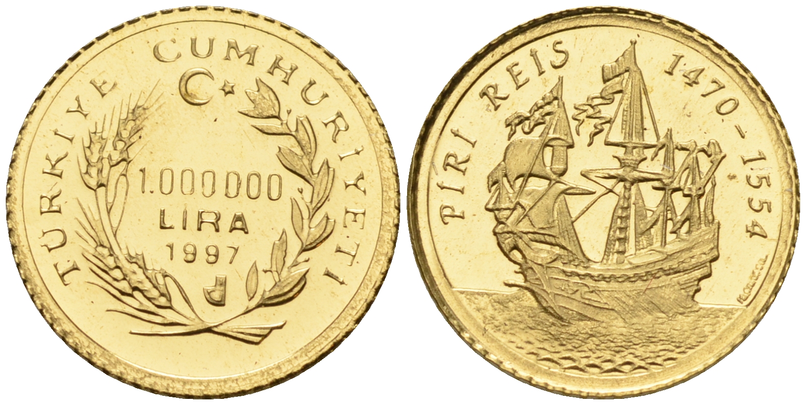 Турция 1000000 лир 1997 парусник PIRI REIS KM золото PROOF 00-000-00