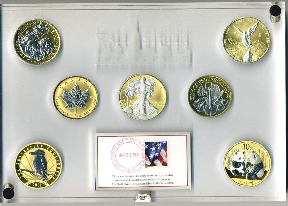 США набор из 7 монет 2009 №3568, WALL STREET INVESTMENT, в деревянной коробке, сертификат  серебро  UNC,  PROOF 5-4-5-09