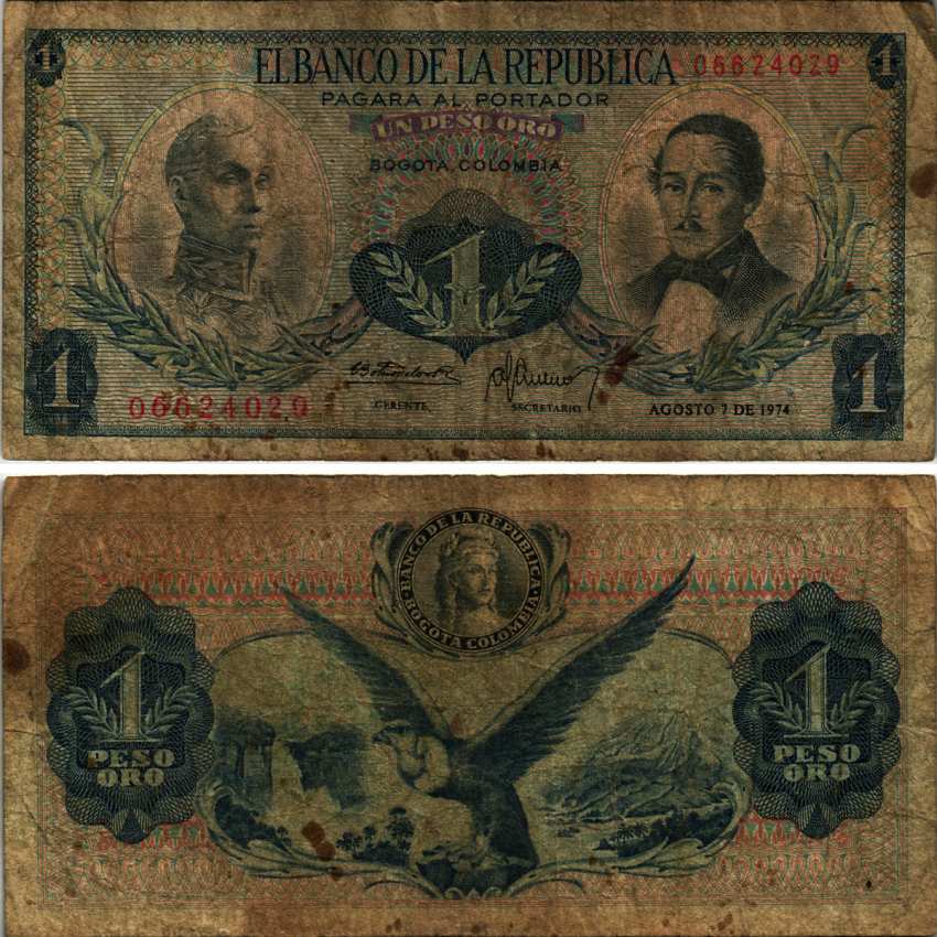 Колумбия 1 песо 1974 7 августа 1974, Симон Боливар, генерал Франсиско де Паула Сантандер Pick 404е  бумага   435-8-1-1