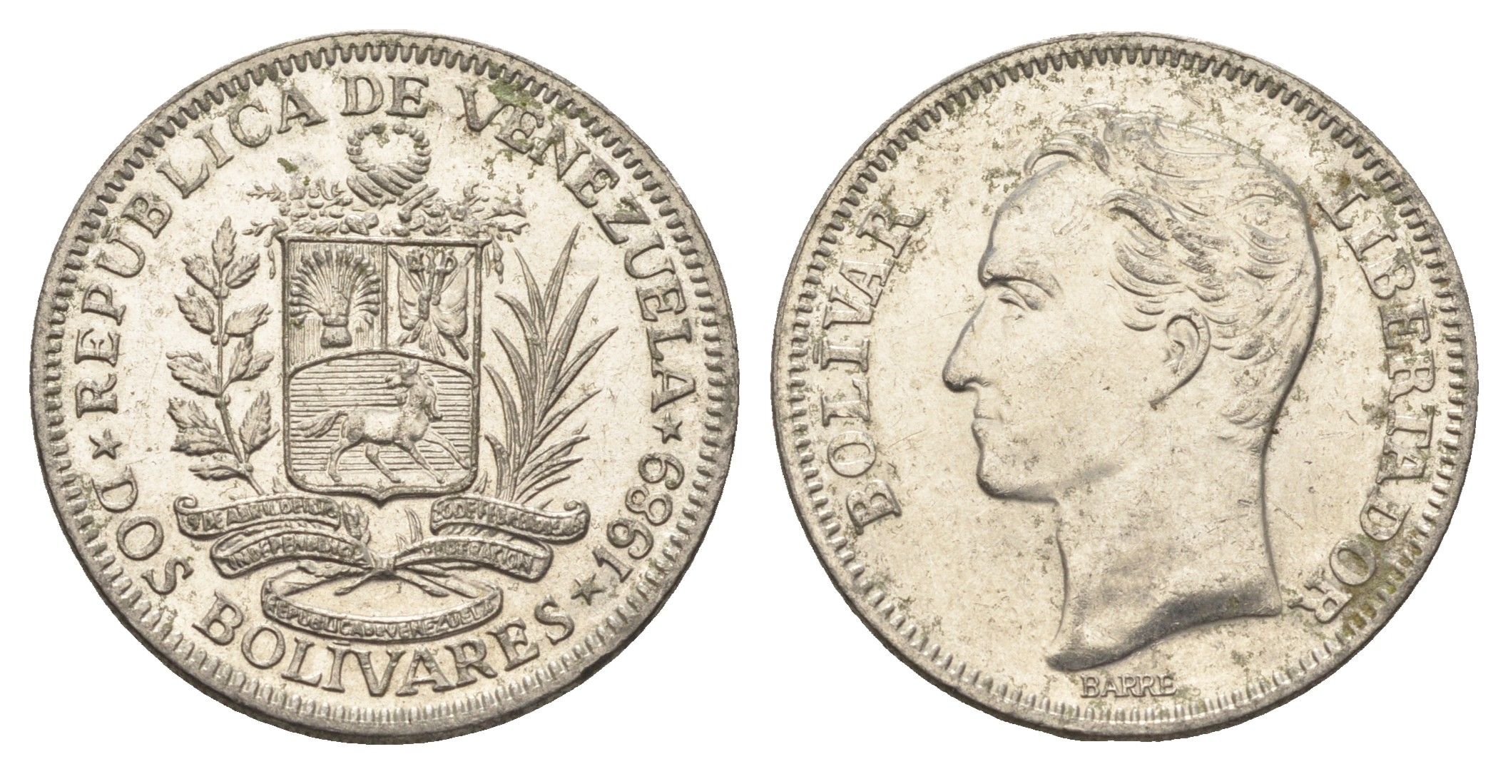 Венесуэла 2 боливара 1989 Симон Боливар Y 43a сталь плакированная никелем 4662-946