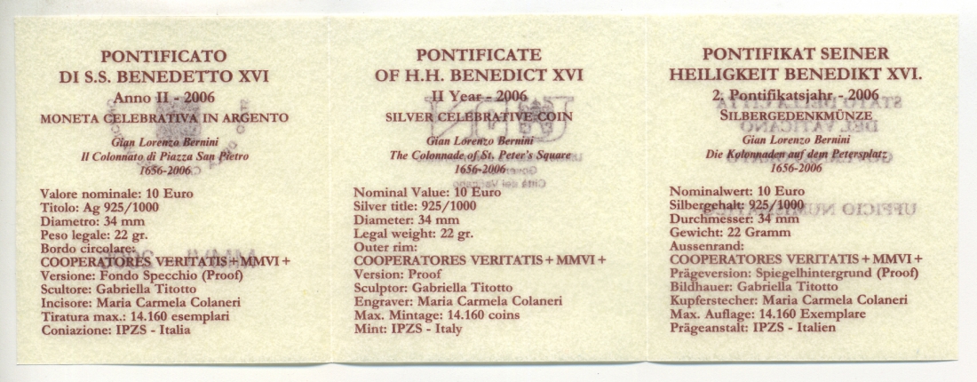 Ватикан 10 евро 2006 Бенедикт XVI, Джованни Лоренцо Бернини, колоннада собора Святого Петра, в оригинальной коробке, с сертификатом KM 384 серебро PROOF 7-1-72