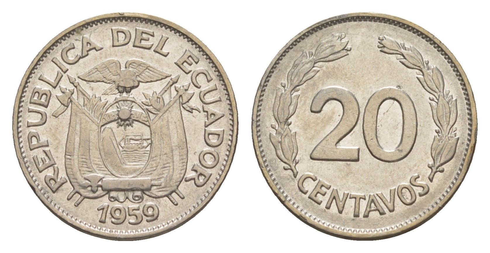 Эквадор 20 сентаво 1959 KM 77.1c сталь плакированная никелем 4640-1226