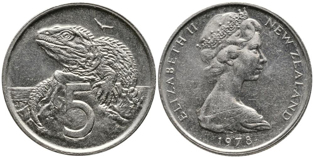 Новая Зеландия 5 центов 1978 Елизавета II (1952-2022), ящерица гаттерия KM 34.1 медно-никель 4549-725