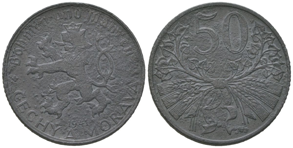 Богемия и Моравия 50 геллеров 1941 германский протекторат KM 3 цинк 4124-321