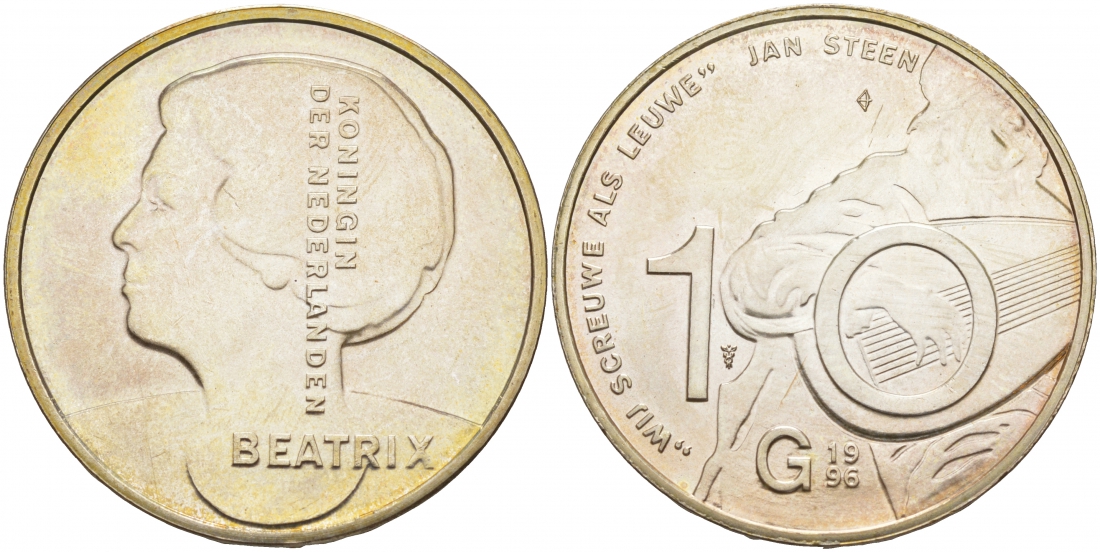 Нидерланды 10 гульденов 1996 Ян Стен, автопортрет с лютней, королева Беатрикс KM 223 серебро UNC 3855-535