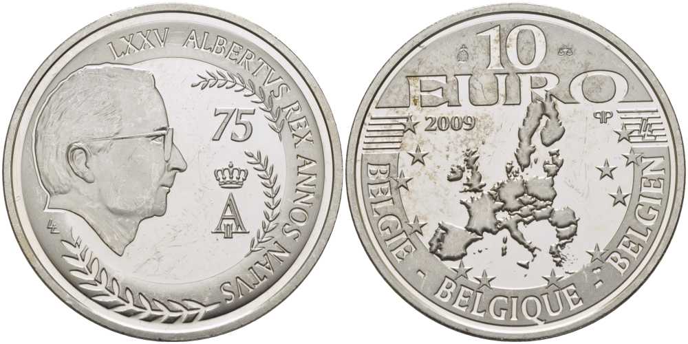Бельгия 10 евро 2009 75 лет королю Альберту II KM 284 серебро PROOF 1076-4-64