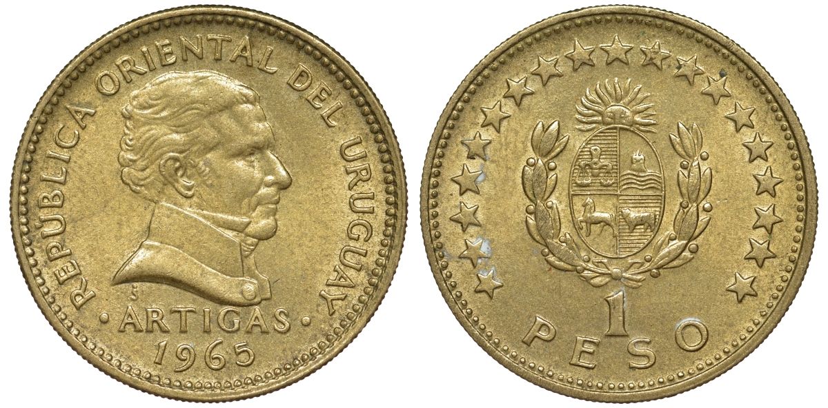 Уругвай 1 песо 1965 KM 46 алюминиевая бронза 95-551