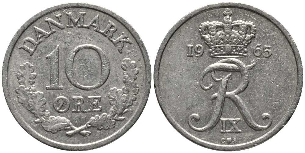 ДАНИЯ 10 ЭРЕ 1965 C; S, ФРЕДЕРИК IX (1947-1972) KM 841.3 медно-никель 116-223