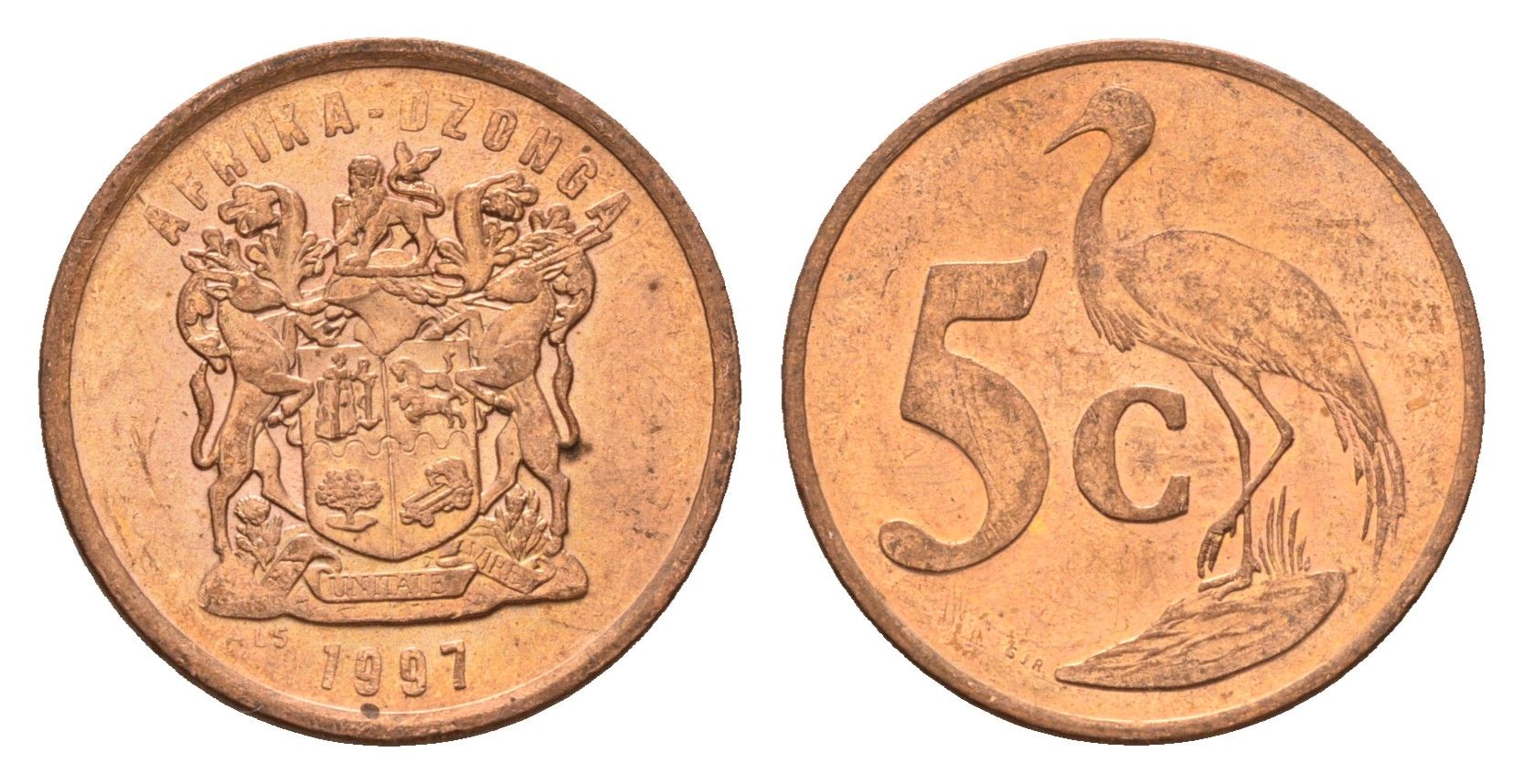 ЮАР 5 центов 1997 герб, райский журавль KM 160 сталь плакированная медью UNC 4687-219