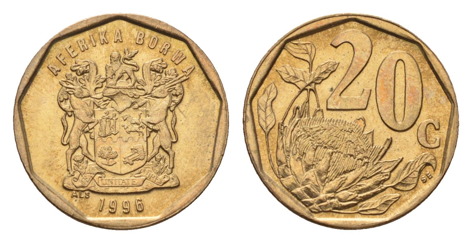 ЮАР 20 центов 1996 герб, цветок протея KM 162 сталь плакированная латунью UNC 4694-848