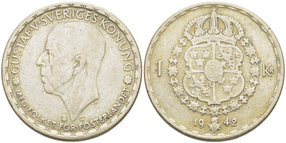 Швеция 1 крона 1942 G, Густав V (1907-1950) KM 814 серебро 175-1114
