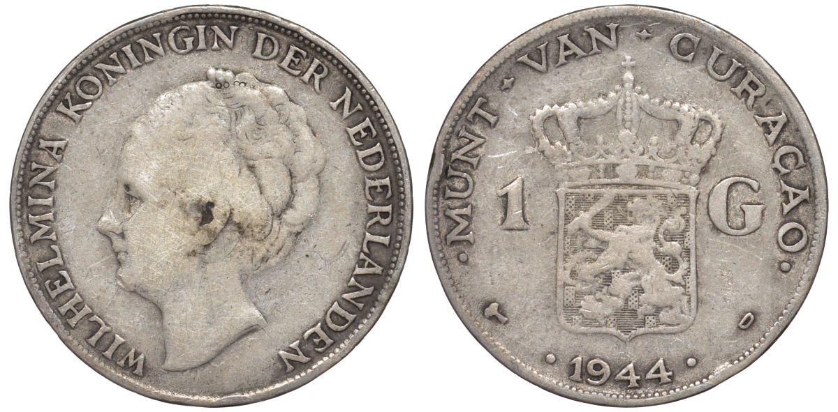 Нидерландское Кюрасао 1 гульден 1944 D, Вильгельмина (1890-1948) KM 45 серебро 36-232