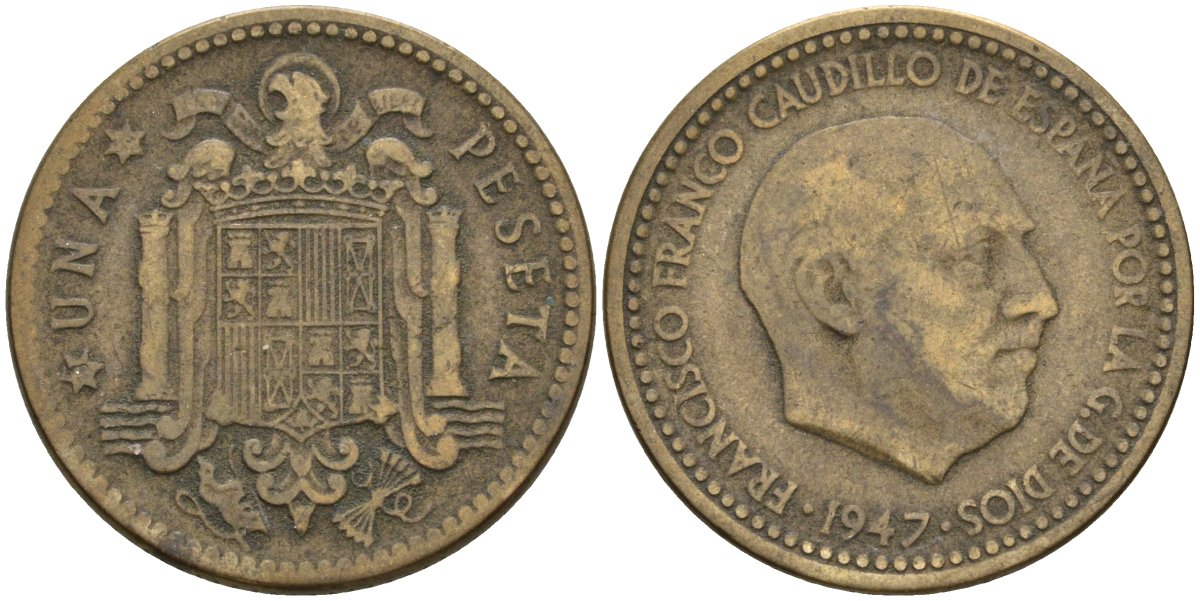 Испания 1 песета 1947 (54) Франсиско Франко (1939-1975) KM 775 алюминиевая бронза 4448-1052