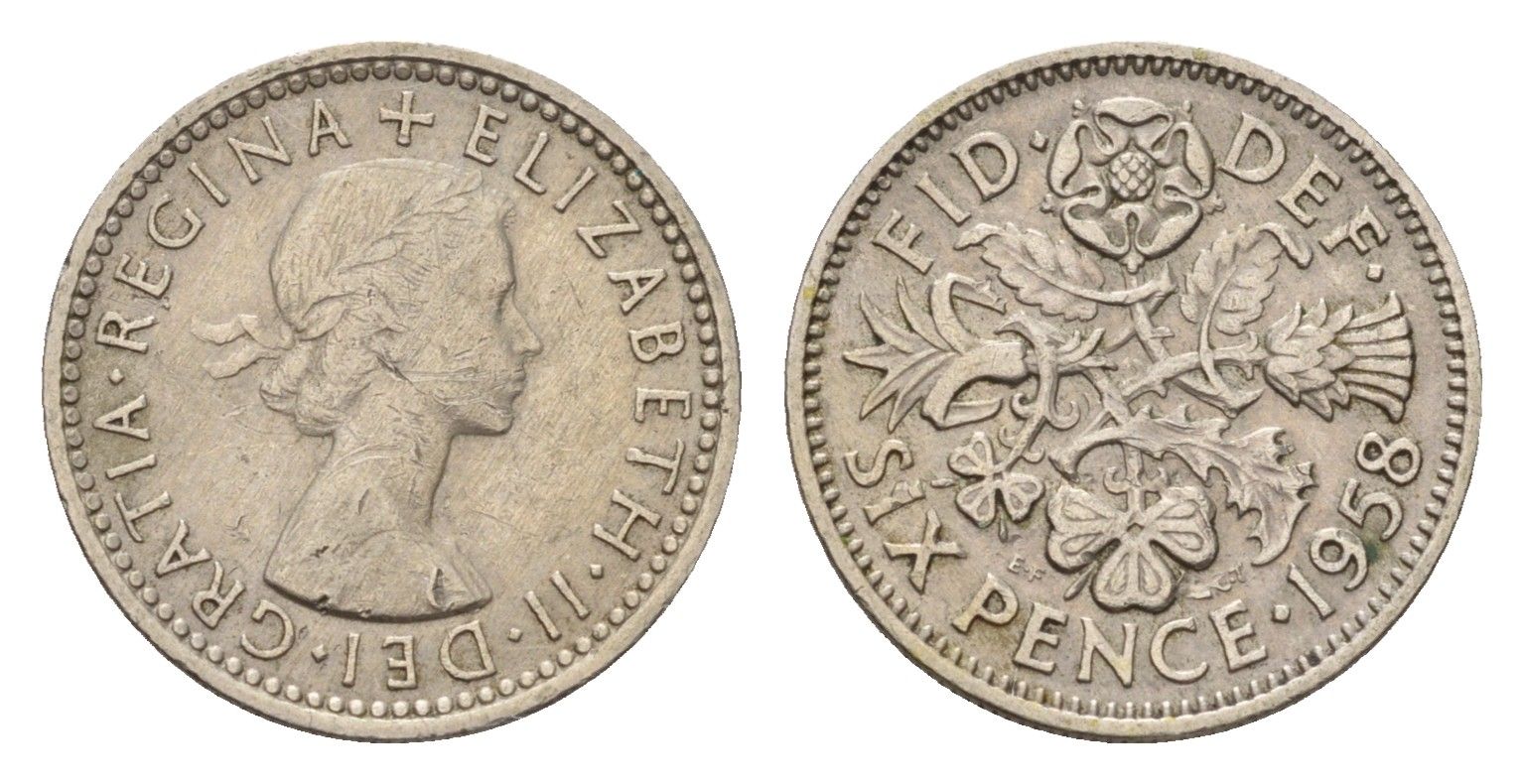 Великобритания 6 пенсов 1958 Елизавета II (1952-2022) KM 903, Spink 4149 медно-никель 100-547