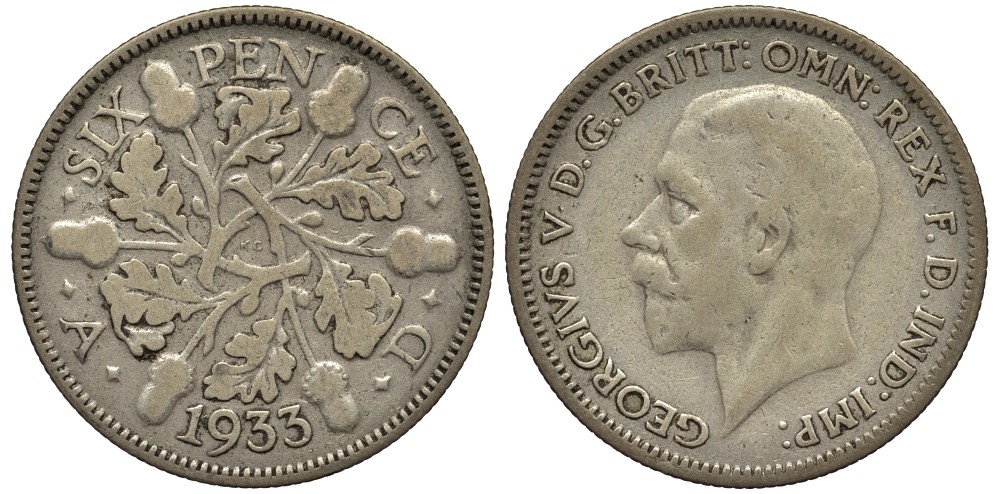 Великобритания 6 пенсов 1933 Георг V (1910-1936) KM 832, Spink 4041 серебро 4538-353