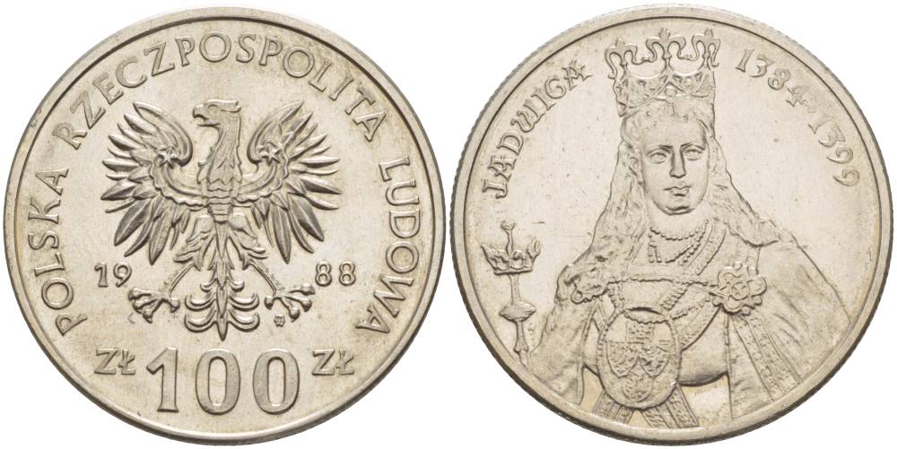 Польша 100 злотых 1988 MW, серия Польские правители, королева Ядвига (1384-1399) KM 183 медно-никель 4542-1022
