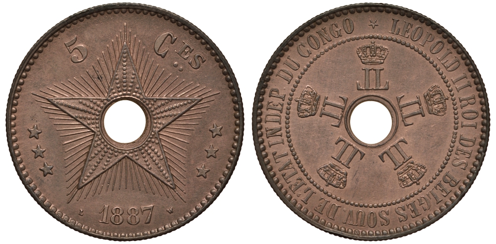 Бельгийское Конго 5 сантимов 1887 LW KM 3 медь 5010-113