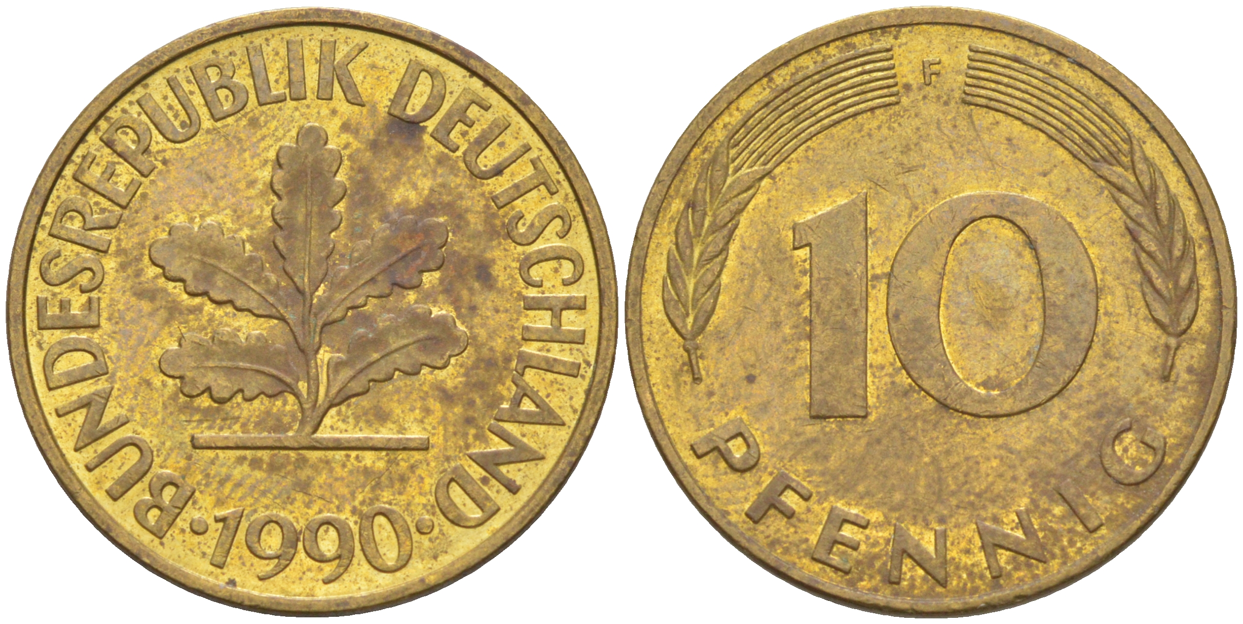 ФРГ 10 пфеннигов 1990 F KM 108, J. 383 сталь плакированная латунью 3459-126