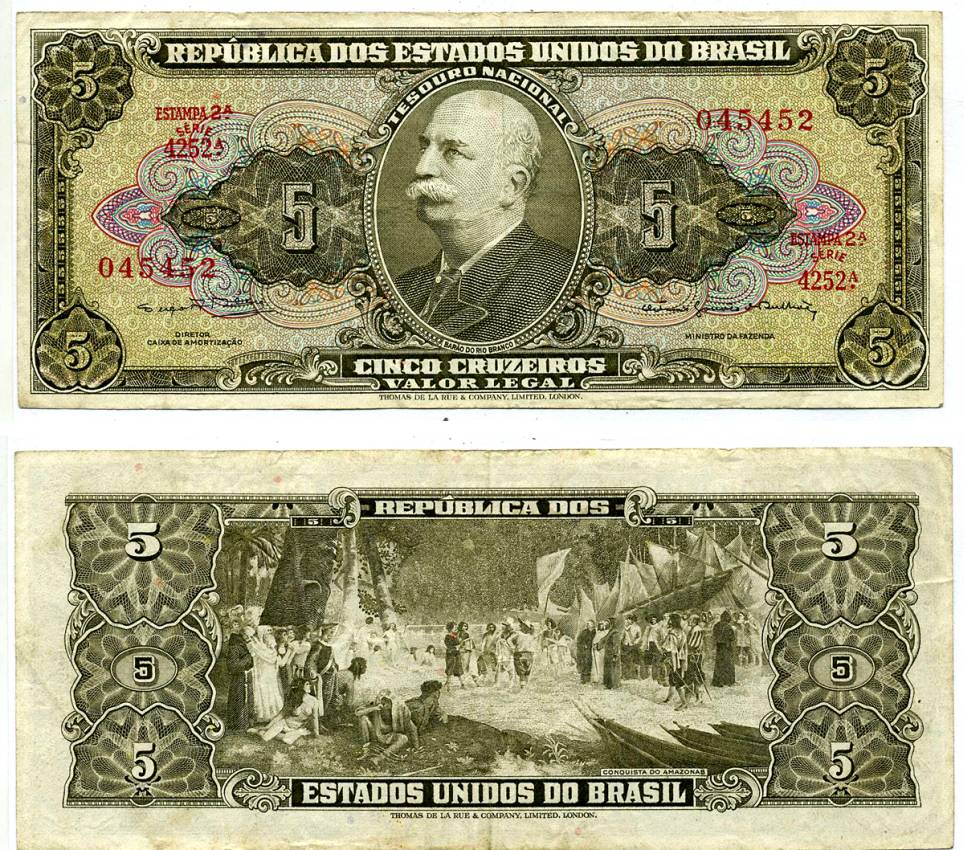 БРАЗИЛИЯ 5 КРУЗЕЙРО 1964 ПОДПИСЬ 14, СЕРИЯ 4252 Pick 176d бумага VF 7191-19-2-2