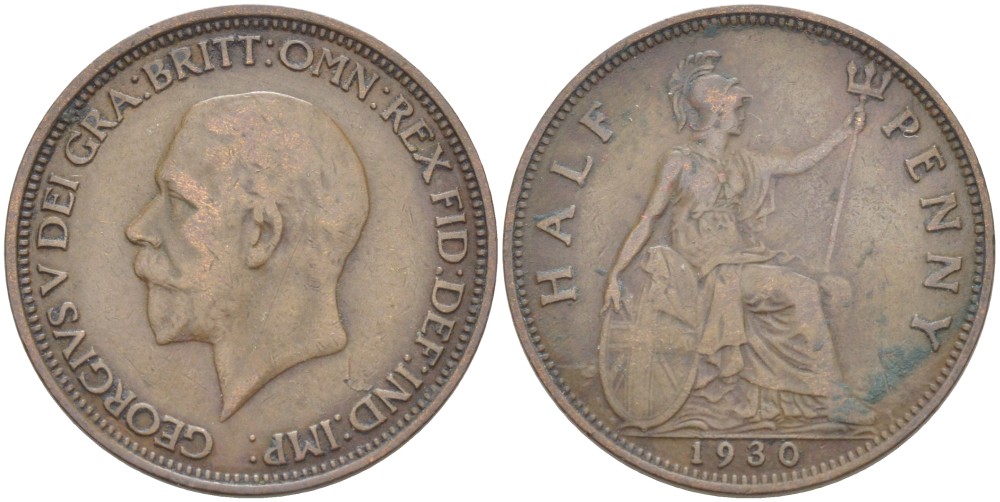 Великобритания 1/2 пенни 1930 Георг V (1910-1936) KM 837, Spink 4058 бронза 4513-823