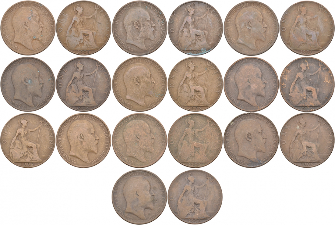 Великобритания лот из 20 монет по 1 пенни 1906 Эдуард VII (1901-1910) бронза M14-15