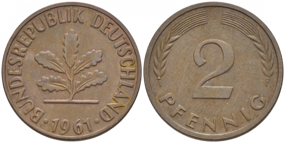 ФРГ 2 ПФЕННИГА 1961 J KM 106, J.381 бронза 3718-358