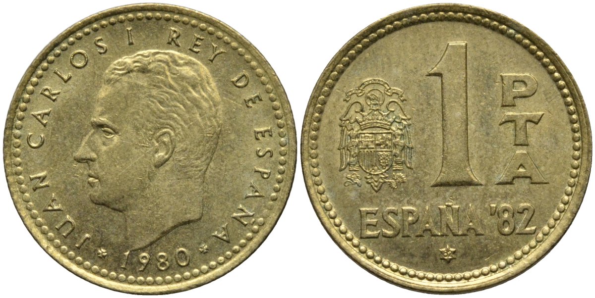 Испания 1 песета 1980 (82) чемпионат мира по футболу KM 816 алюминиевая бронза 4171-454