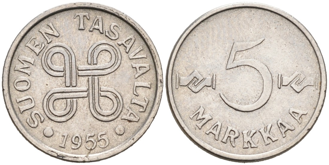 Финляндия 5 марок 1955 KM 37a никелированное железо 192-1133
