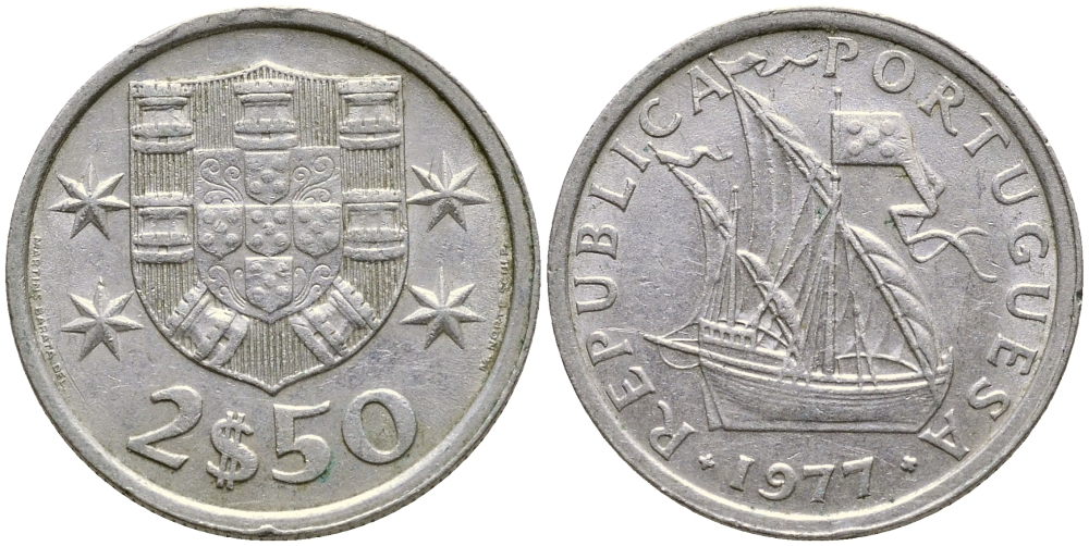 ПОРТУГАЛИЯ 2,5 ЭСКУДО 1977 ПАРУСНИК KM 590 медно-никель 4387-123