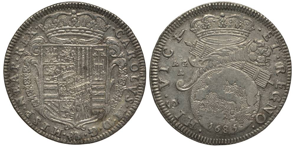 Неаполь и Сицилия тари (2 карлини) 1685 Карл II Испанский серебро aUNC 00-822-06