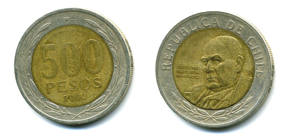 Чили 500 песо 2002 кардинал Рауль Сильва Энрикес (1907-1999) KM 235 биметалл 41-652