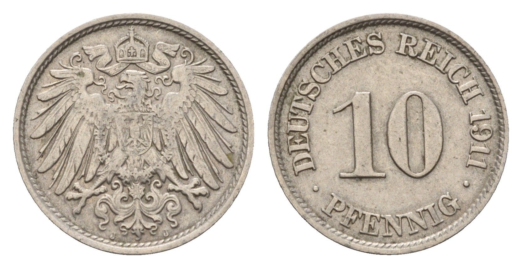 Германия 10 пфеннигов 1911 J, Вильгельм II (1888-1918) KM 12, J. 13 медно-никель 4636-931